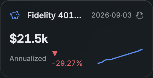401(k) asset card showing retirement balance and contributions, dark theme
