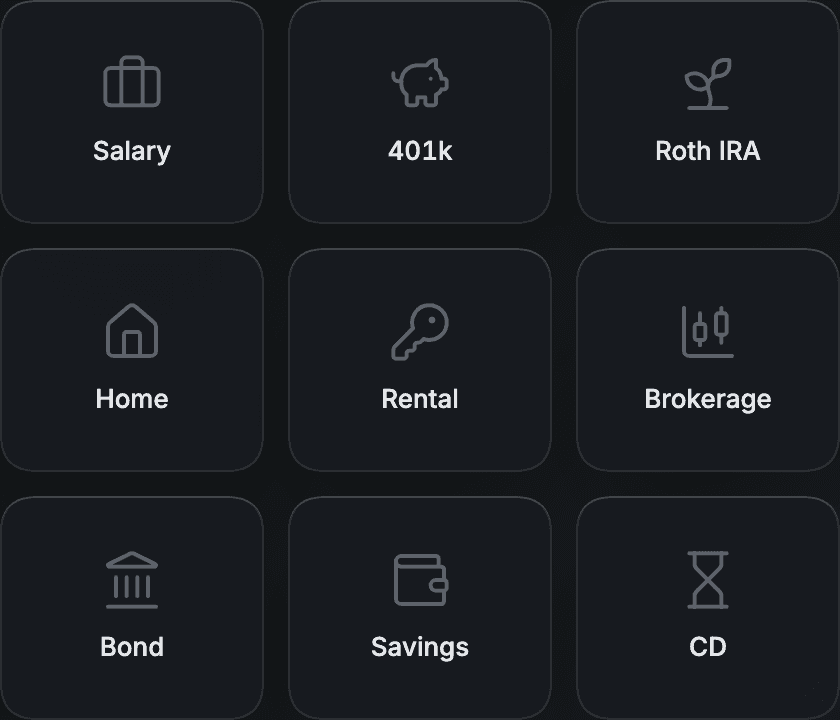 Nine asset types with their distinct colours and icons, dark theme